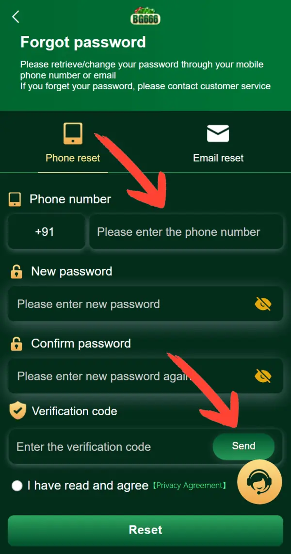 BG666 Game forgot password screen