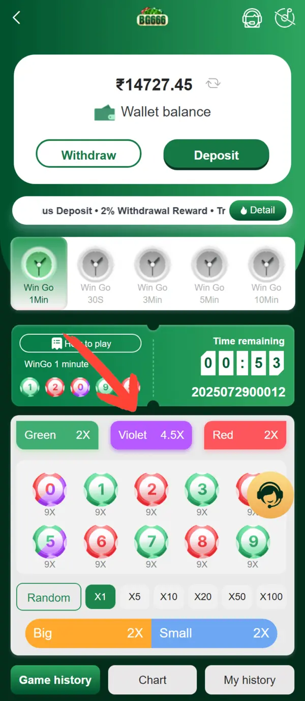 BG666 Game Wingo screen with timer, colour and number options